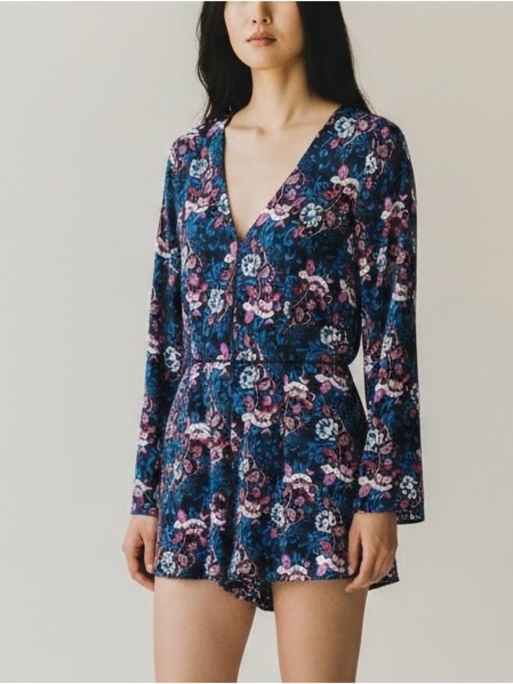 Timing Floral Romper Large Black Pink Blue Boho Long Sleeve NWT